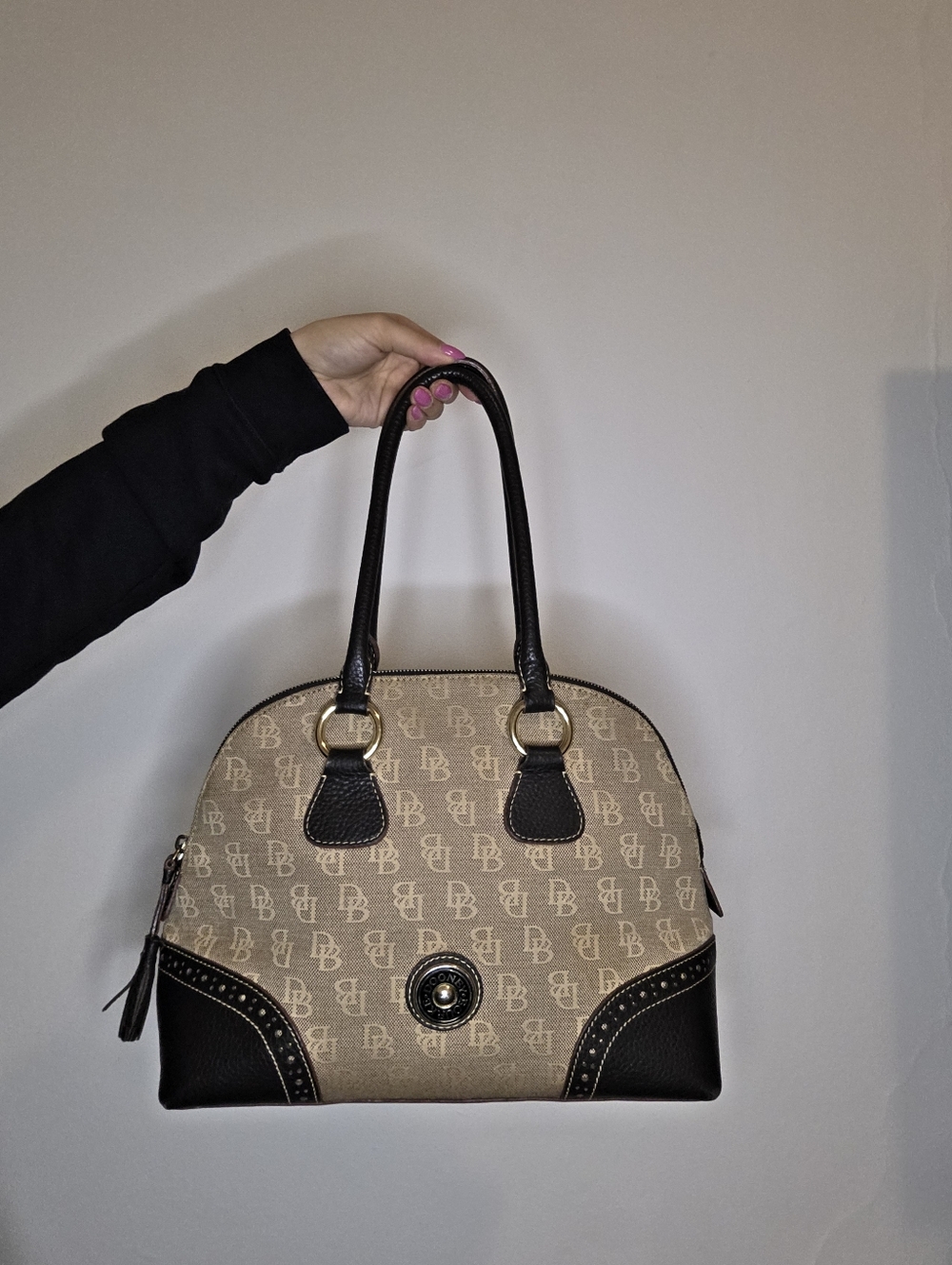 Dooney & Bourke Tan Logo Dome Shoulder Bag with Black Trim